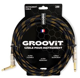 GROOVIT CABLE JACK MONO COUDÉ / JACK DROIT MONO TRESSÉ NOIR & OR - 3m